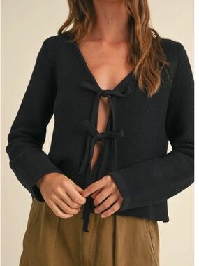 Miou Muse Black Cotton Front Tie Cardigan Medium